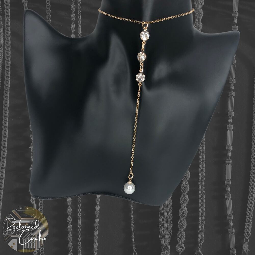 Gold Rhinestone and Pearl Y Necklace